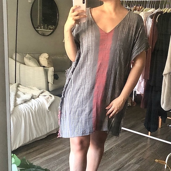 XiRena Finley Poncho Kaftan Cover Up Cotton Striped Dress in Grey Size S… - Picture 1 of 15